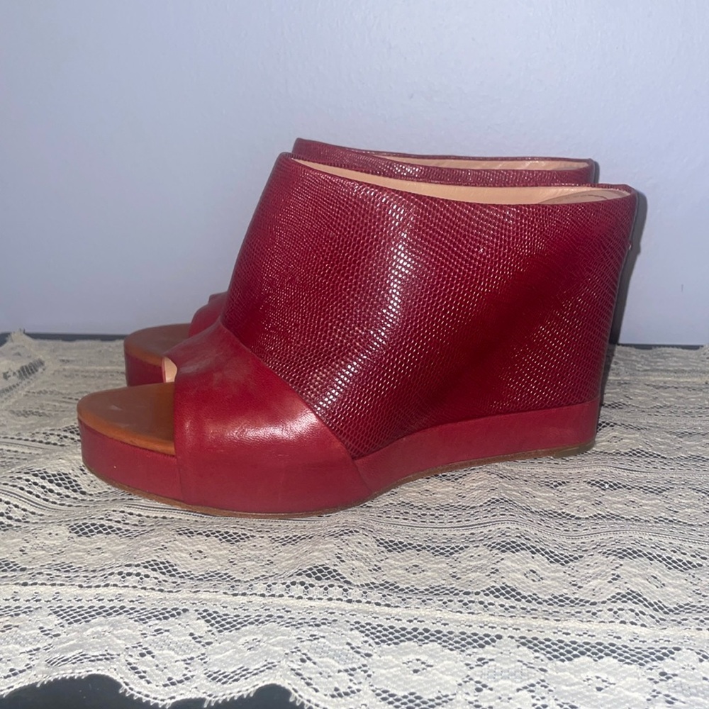 See By Chloe Red Snakeskin Leather Wedge Sandals